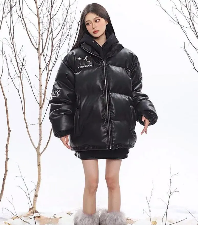 Dames bovenkleding jassen Koreaanse ontwerpstijl opstaande kraag sterlogo bedrukt PU-leer katoenen jack voor dames winter nieuwe verdikte studentenbroodpak trend