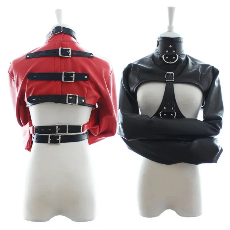 Ensemble sexy rouge / noir femme BDSM Bondage poitrine ouverte en cuir PU camisole de retenue veste à manches longues jouer flirter femmes 231130