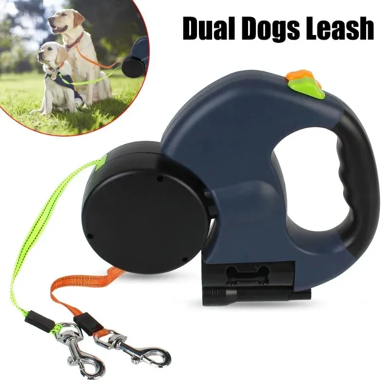 Dog Collars Leashes Double dog Leash Light retractable roulette double end leash Portable rotating pet leash for 2 dogs walking pet supplies 231129
