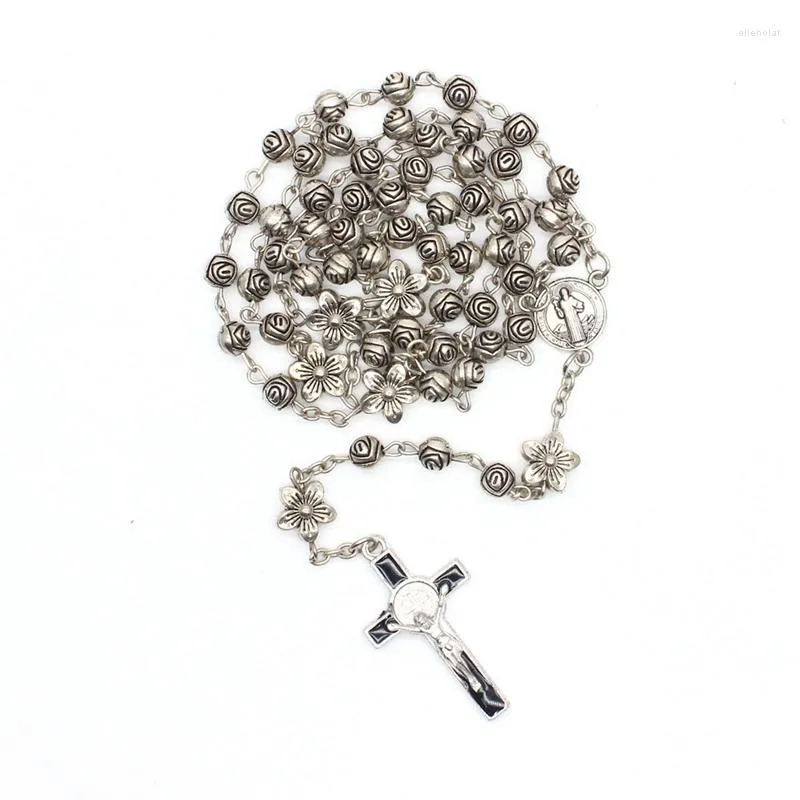 Anhänger Halsketten Retro Metall Rose Rosenkranz Halskette Emaille Kreuz Langes Religiöses Geschenk