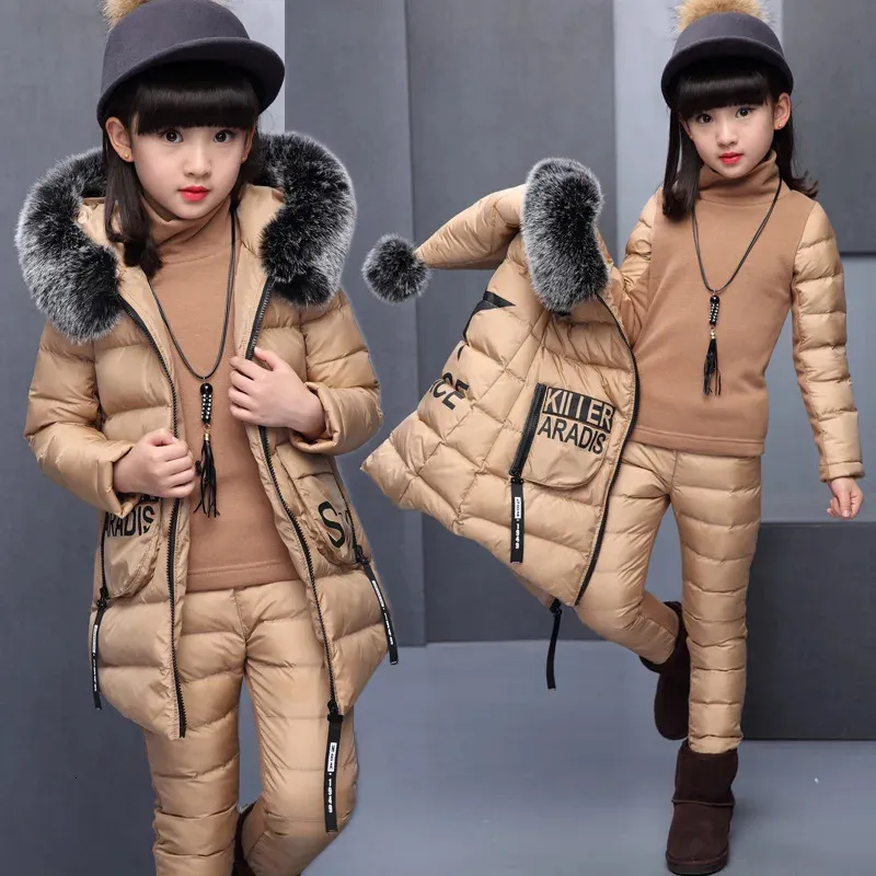 Clothing Sets Girl For Russia Winter Hooded Vest Jacket Warm Top Cotton Pants 3 Pieces Clothes Coat With Fur Hood 231130