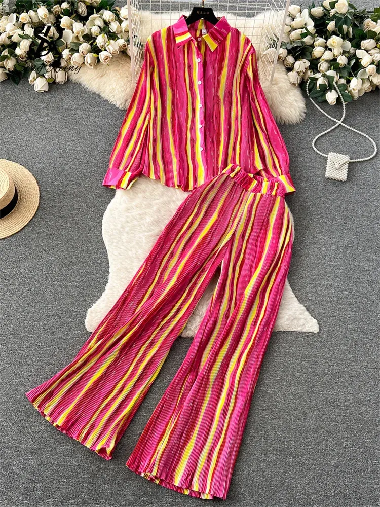 Kvinnors tvåbitar byxor Singreiny American Retro Autumn Suits Loose Shirtwide Ben Pleated Long Pants Women Streetwear Maxi Color Block Two Pieces Set 231129