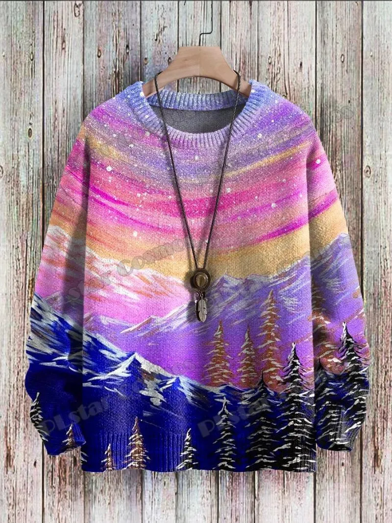 Herrenpullover Kunst Farbverlauf Landschaft Sternenhimmel Weihnachten 3D-gedruckter Strickpullover Winter Unisex Casual Strickpullover ZZM93