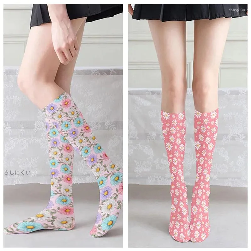 Women Socks 1 Pair Flower Pattern Print Long Fashion Thin Elastic Spring Summer Stocking For Young Ladies
