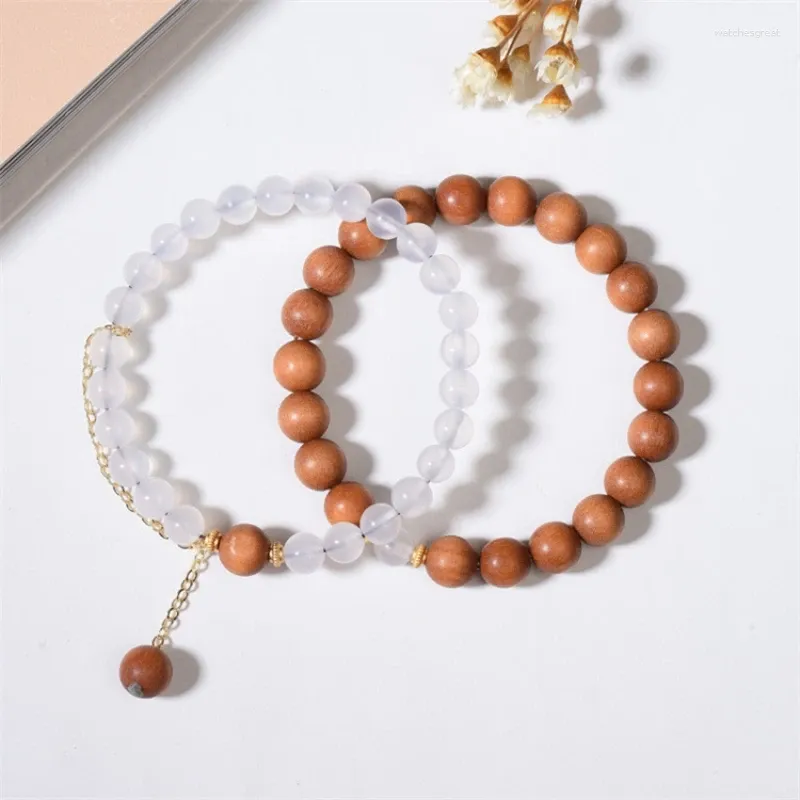 Charm Bracelets White Agate And Sandalwood Lucky Bracelet For Women Double Layered Wood Beads Bangles Wristband Jewelry