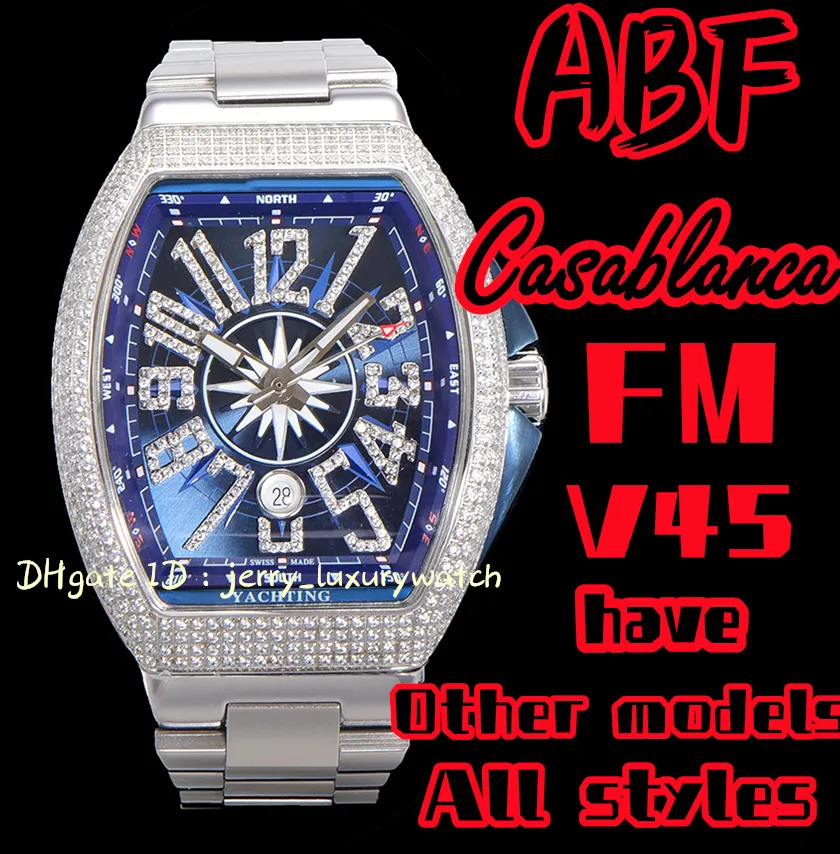 ABF / FM Vanguard Yachting V45, 44x54mm Verre Saphir ETA2824 Mouvement mécanique, bracelet en caoutchouc premium, ceinture en acier version incrustée de diamants blue one