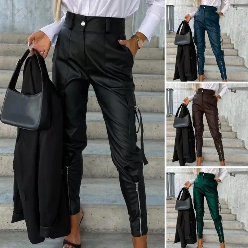 Pantalon femme lisse élégant simili cuir crayon taille haute coupe cintrée multi poches pantalon tendance pour un Look Chic