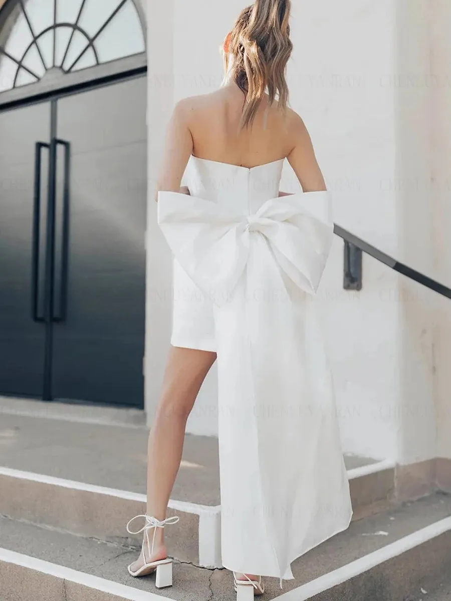 knee length dresses for ladies Bridal Ivory Crepe Statement Bow Lucienne Mini Dress