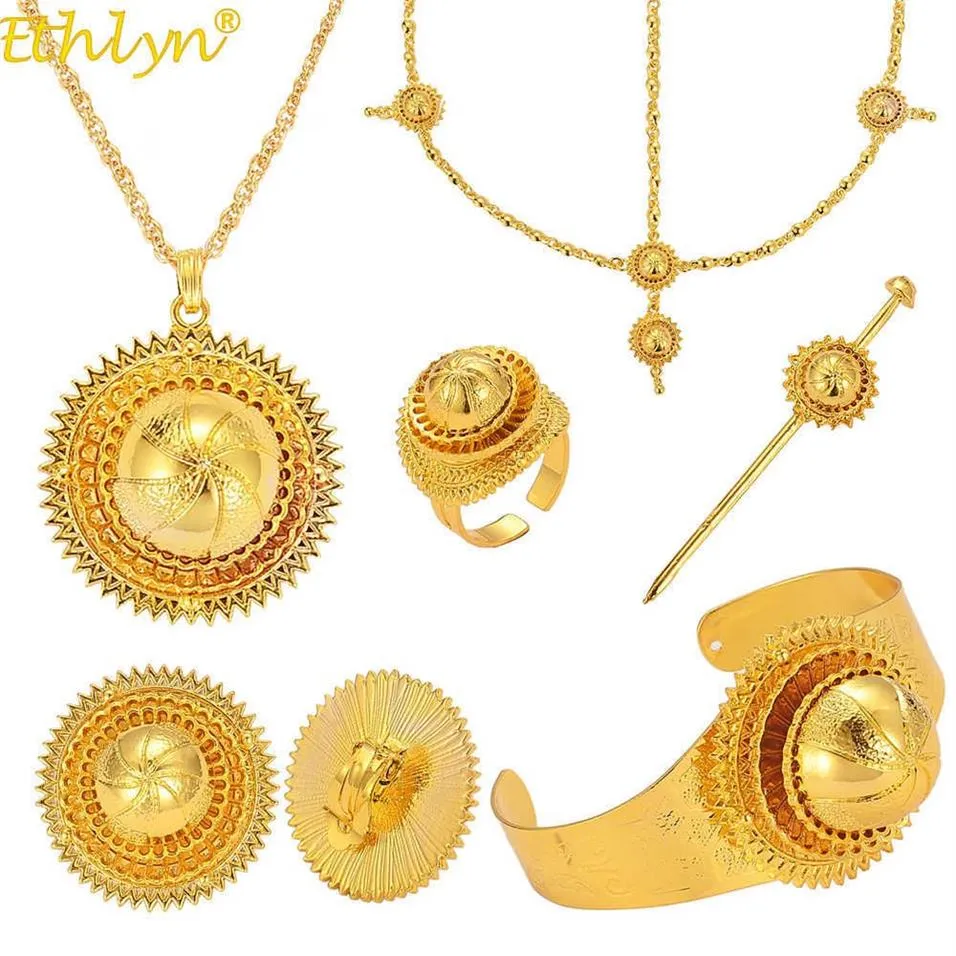 ETHLY SIX-PCS smycken sätter guldfärg Etiopisk eritrean Habesha Wedding Party Jewelry Set African Traditionella smycken S294 21261W