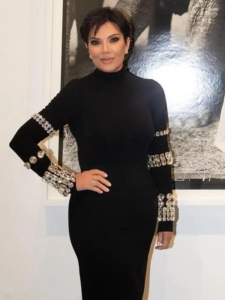 Casual Dresses VC Party For Women Long Sleeve Gloves With Crystal Bandage  Black Midi Dress Evening Gowns Autumn Winter B5