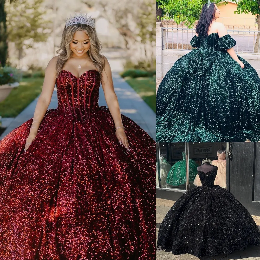 فستان quinceanera اللامع قابلة للفصل pouf sleeve debutante ball Quince Quince Sweet 15/16 Birthday Party Virt for 15th Girl Drama Winter Sconsal Prom Gala Wine