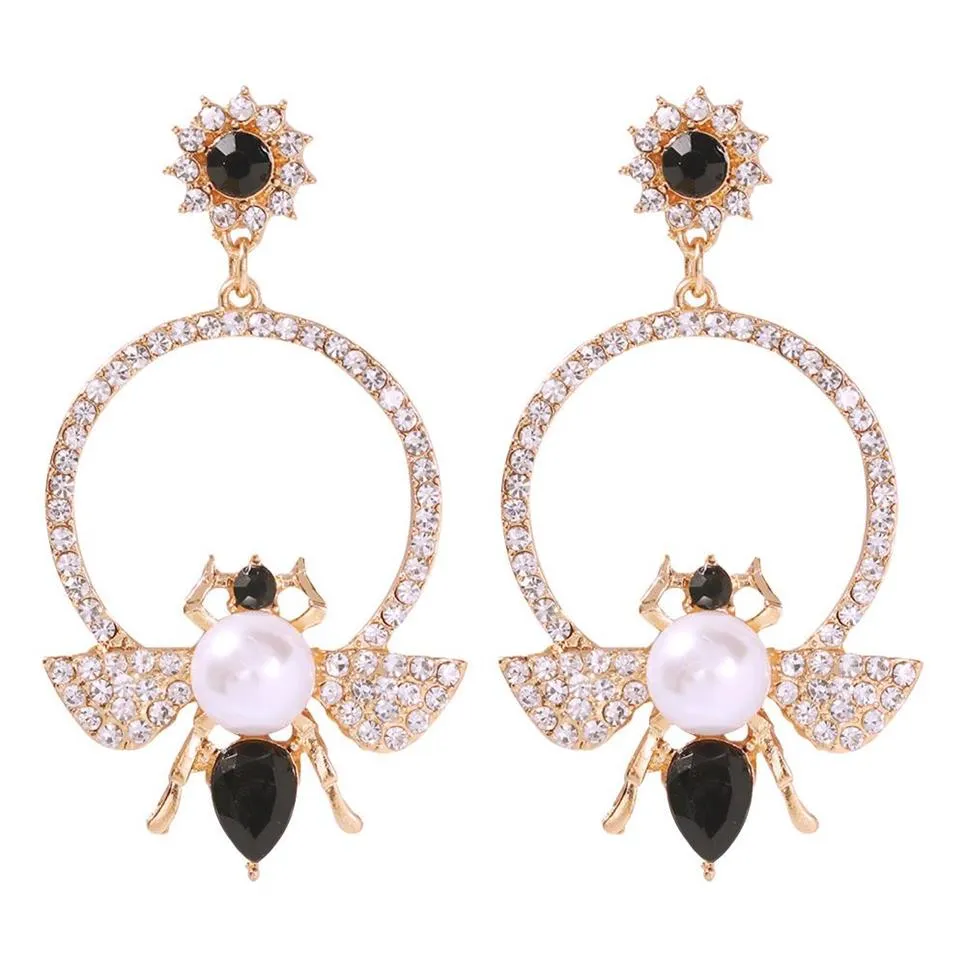 Nouveau créateur de mode de luxe à la mode exagéré diamant strass jolis insectes mignons abeille perle pendentif boucles d'oreilles pour femmes2765