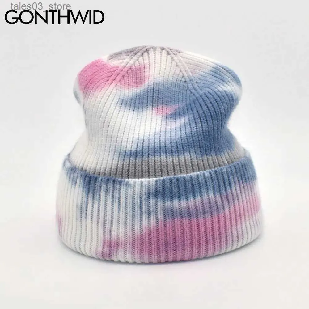 Beanie/Skull Caps GONTHWID Unisex Knitted Tie Dye Beanies Men Women Brimless Skullcap Streetwear Winter Hip Hop Casual Headwear Bonnets Hats Caps Q231130