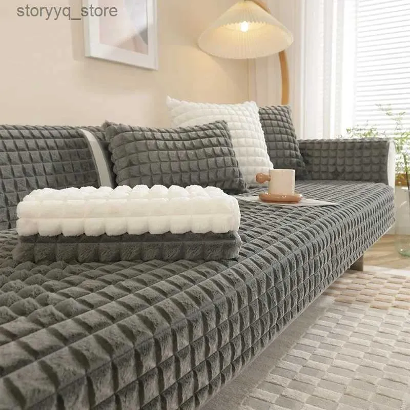 Chair Covers INS Plaid Thicken Plush Sofa Cover Non-slip Winter Warm Sofa Towel Mat White Grey Color L Shape Couch Slipcover for Living Room Q231130