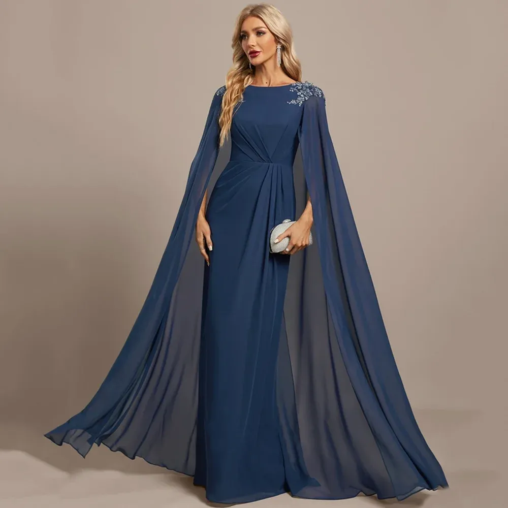 Elegant marinchiffong mor till bruden klänningar cape ärmar spetsar applikationer lång bröllop gästklänning 2024 kvinnor prom afton klänningar plus size party vestido