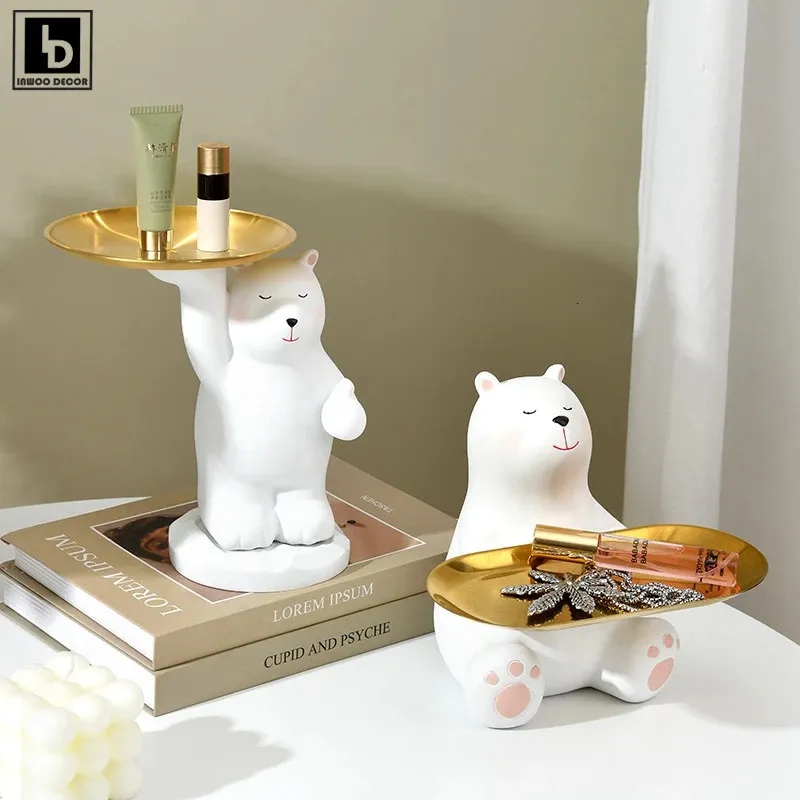 Decorative Objects Figurines Kawaii Cute Polar Bear Figurine Statue Sculpture Key Chains Table Snack Food Storage Tray Holder Home Decor Maison Decoration 231130