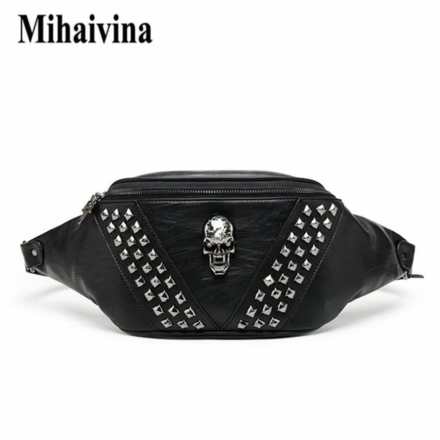 Mihaivina Punk Rivet Skull Men Waist Bag Women Black Fanny Pack Leather Chest S女性肩のメッセンジャーバムS 2202162308