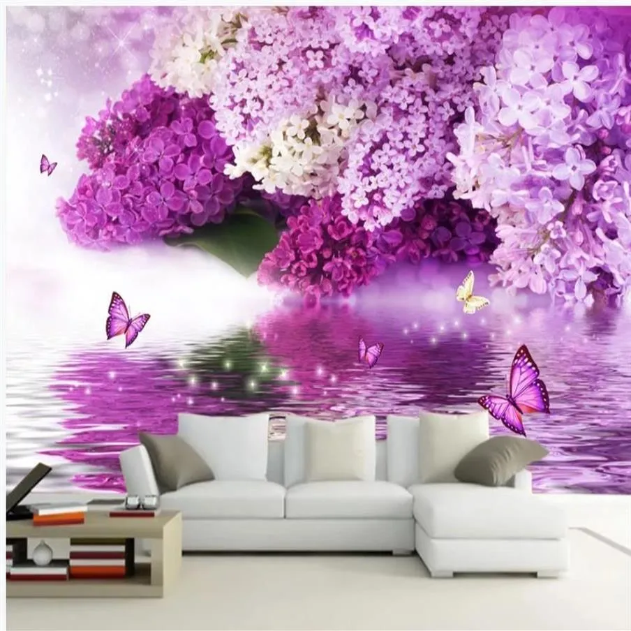Flor roxa hidrologia reflexão borboleta fundo parede moderna sala de estar wallpapers2066