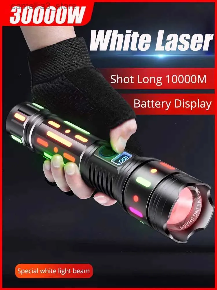 Torches 30000W LED 손전등 고출력 USB Lanterna Xenon Lamp Zoom 방수 장거리 9km 알루미늄 출력/입력 토치 10000mah Q231130