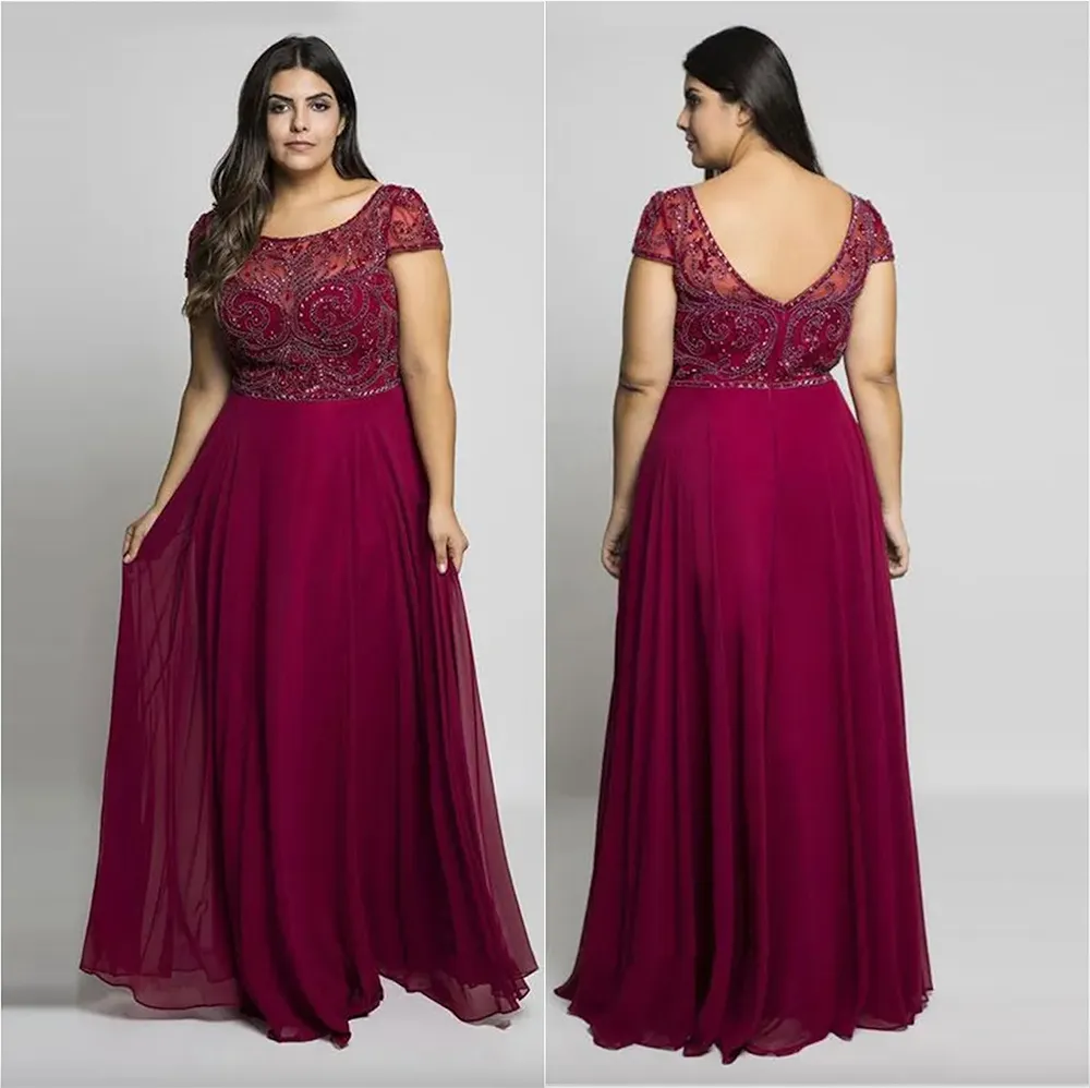 Burgundy Plus Size Prom Dresses Sheer Jewel Neck Chiffon Backless Evening Gowns A-Line Floor Length Long Beaded Formal Dress