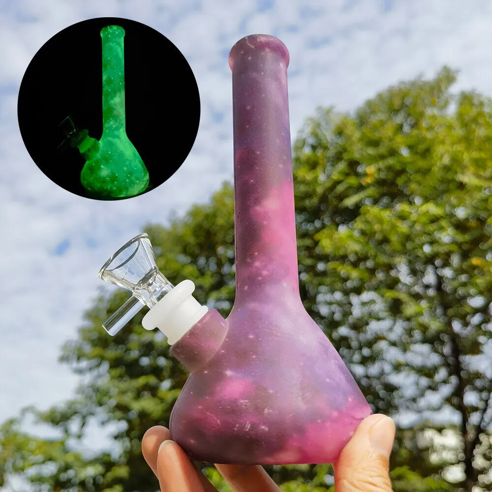 Pipa de agua de silicona para cachimba de 7 PULGADAS, cielo estrellado, Bong para fumar que brilla en la oscuridad, pelele + cuenco de 14mm