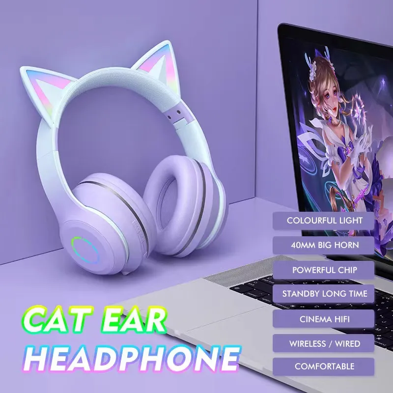Pink Gaming Headset Mit Mikrofon, Cat Ear Kopfhörer Mit 50mm Treibern Surround Sound, Over-Ear Gaming Kopfhörer Mit LED-Licht, Kompatibel Mit PC, PS4, PS5, Laptop, Handy, WGYP-073