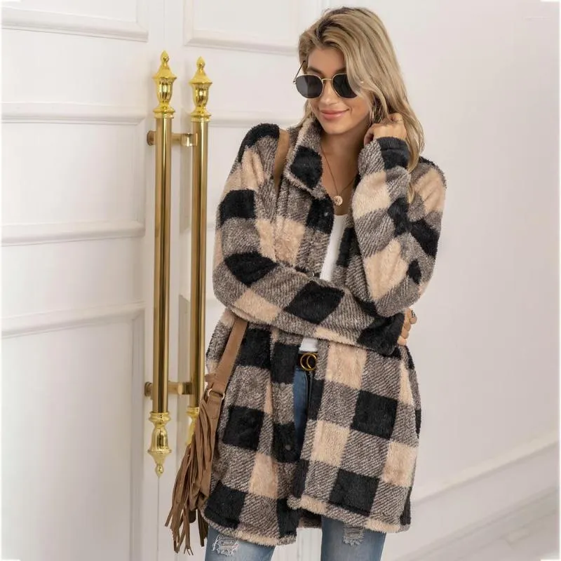 Vestes femme laine manteau Plaid longue veste femme pardessus mode manches manteaux femmes automne hiver décontracté filles femme Streetwear