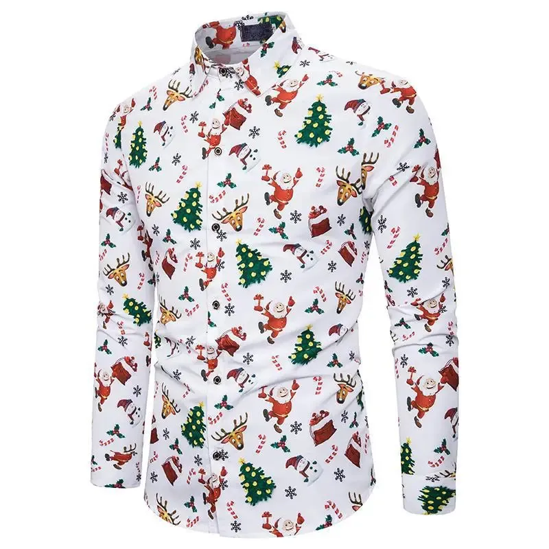 big and tall christmas dress shirts Christmas Santa Claus Printed White Printed casual Shirt