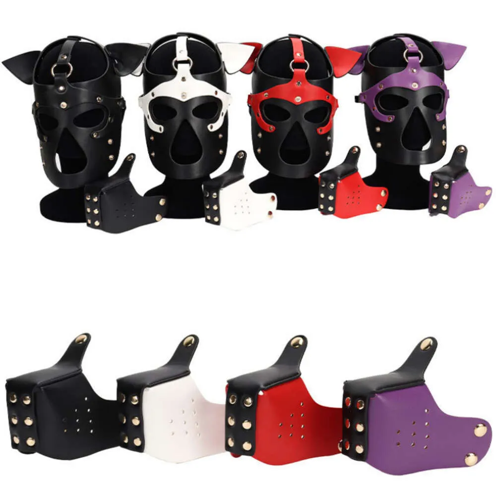 Prodotti per massaggi BDSM Pet Roleplay Set di cappuccio per cani in pelle Maschera fetish e collare in neoprene per coppie Trazione a catena metallica Flirtare Giocattolo sexy