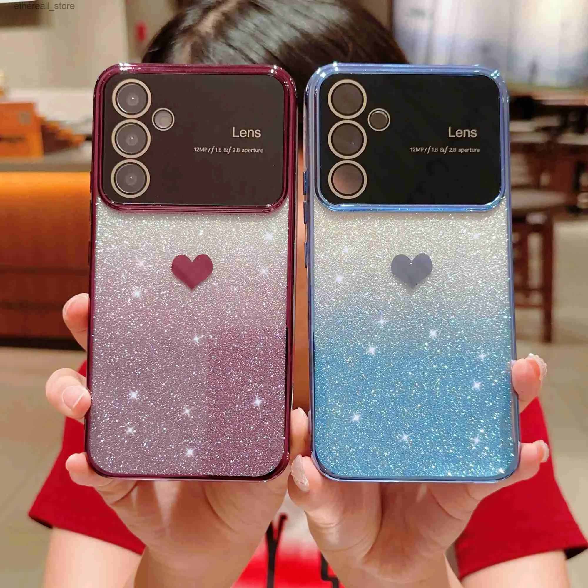 Capas de telefone celular para Samsung Galaxy A52 A53 A13 A14 A23 A24 4G 5G Transparente Grande Janela Banhada Lado Coração Gradiente Glitter Papel Phone Case Q231130