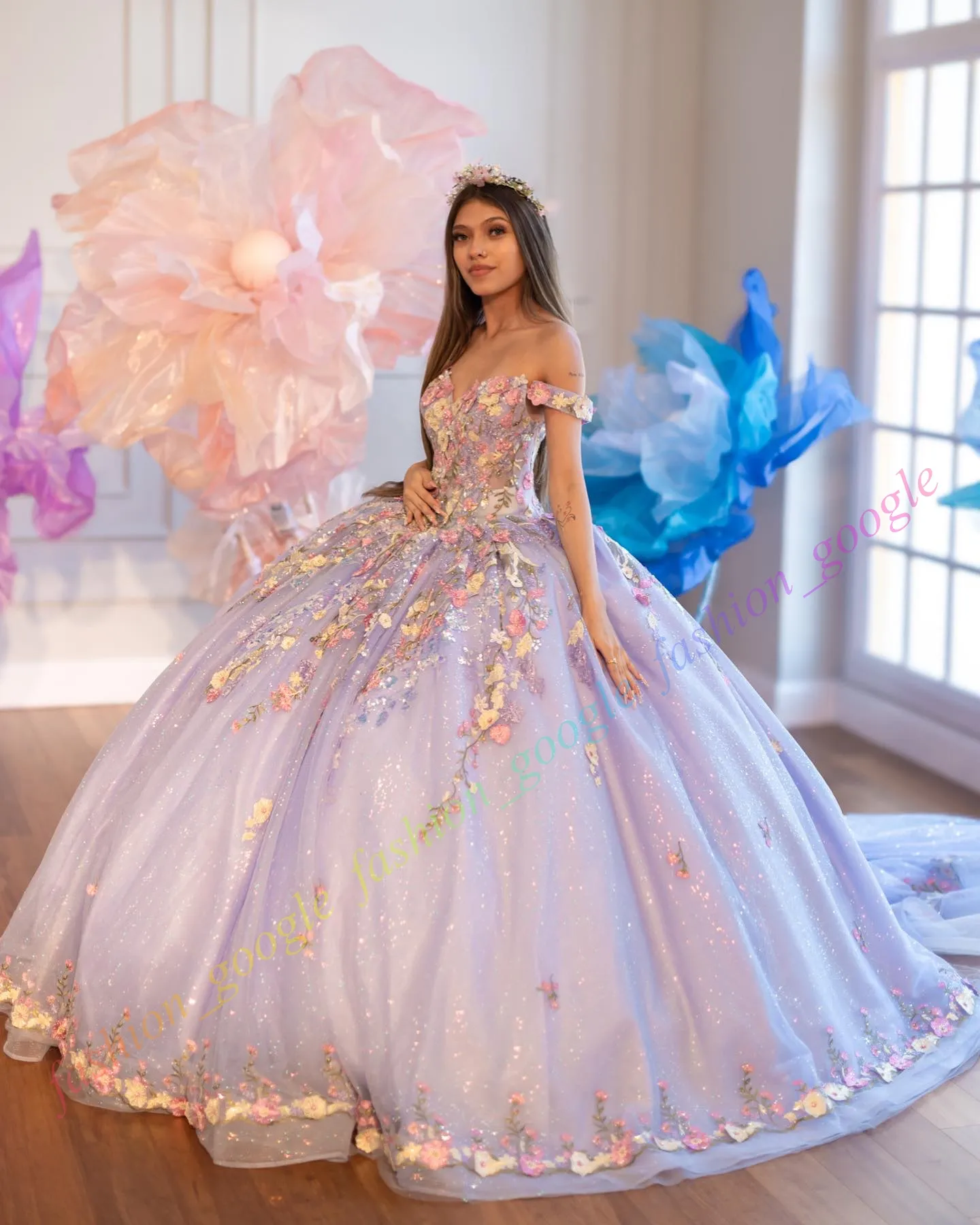 3D Floral Quinceanera Dress Sparkling Glitter Tulle Lace Applique Ball Mexican Quince Sweet 15/16 Birthday Party Gown for 15th Girl Drama Winter Formal Prom Gala
