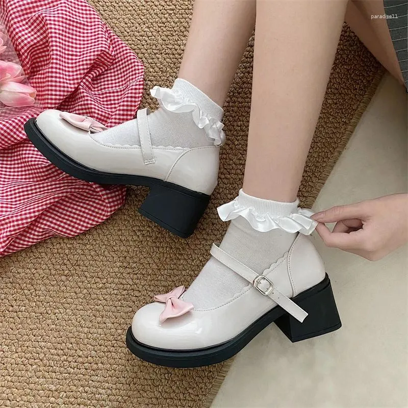 Dress Shoes Fashion Bowknot Med Heel Mary Janes Women Comfortable Round Toe Square Pumps Woman Mix Color Patent Leather Lolita