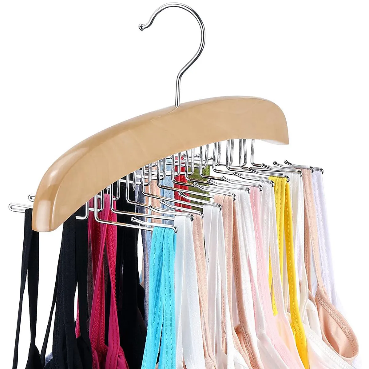 Organizzazione Camisole Hanger Organizer per canottiere in legno con 24 ganci in metallo Rotazione a 360 gradi Appendiabiti con spalline Appendiabiti multiuso per