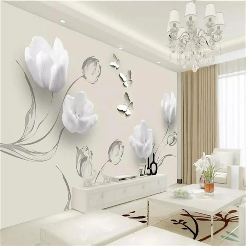 Personnalisé n'importe quelle taille 3D fleur papier peint mode simple tulipe papillon salon chambre cuisine décor à la maison fonds d'écran mural mur co296m