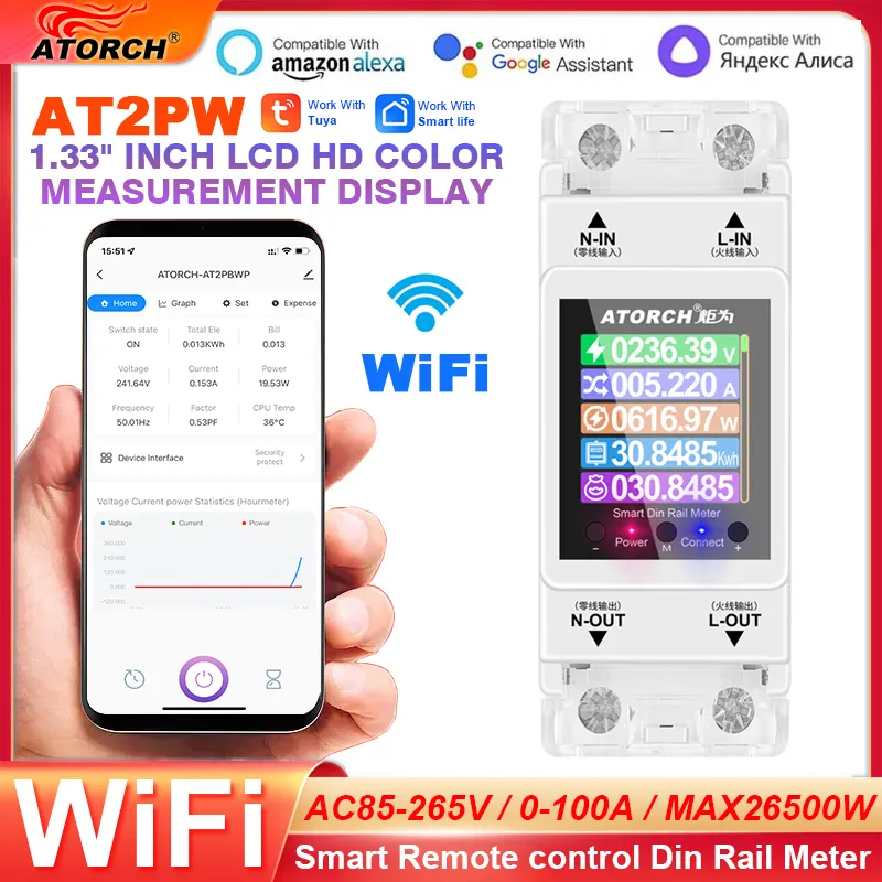 エネルギーメーターAT2PW 100A TUYA WIFI DIN SMART SWITCHリモートコントロールAC 220V 110VデジタルボルトAMP KWH周波数因子因子230428