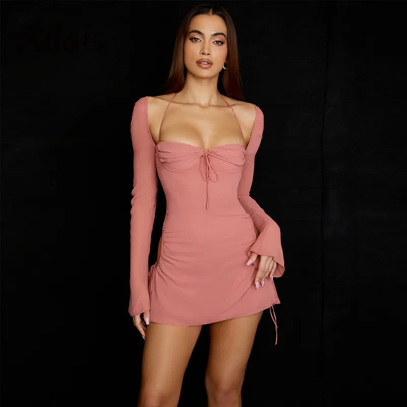 Sukienki imprezowe xllais produkty hurtowe Kobiety Flare Pink Sukienka z długim rękawem Moda kwadratowe szaty Bandaż Sexy wycięte klub vestidos 230428