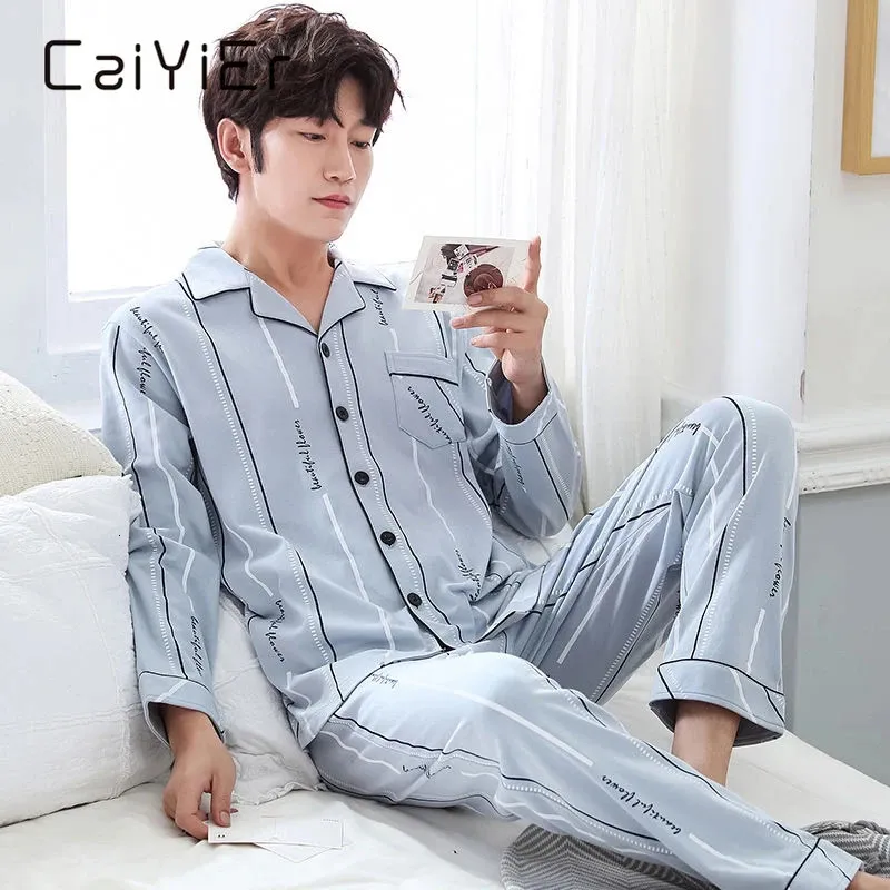 Men's Sleepwear CAIYIER Autumn Winter Men Pajamas Set Turn-down Collar Long Sleeve Trousers Sleepwear Leisure Pyjama Night Pijamas Home Wear 3XL 231129