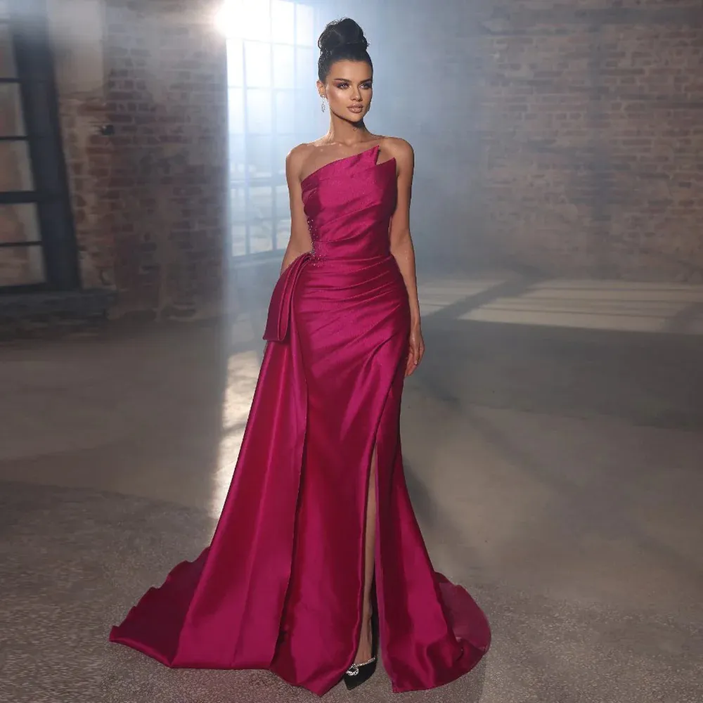 Luxurious Fuchsia Mermaid Prom Dresses Sleeves Strapless Illusion Evening Gowns African Evening Dresses Up Back Gorgeous