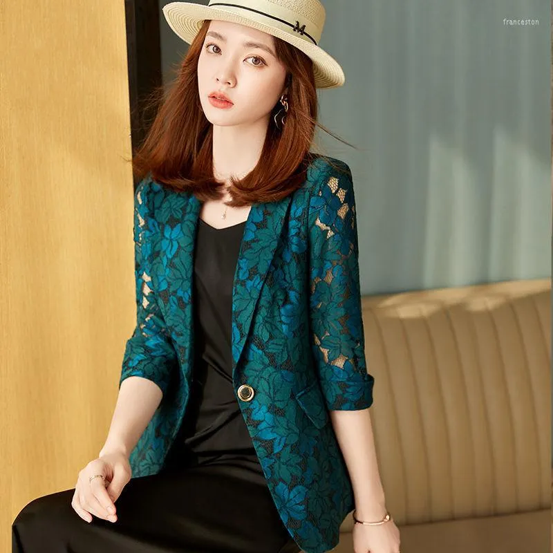 Women's Suits Lace Blazer Summer For Women 2023 Half Sleeve Coat Dark Blue/Green Korean Fashion Ladies Office Wear Slim Fit Work Blazers