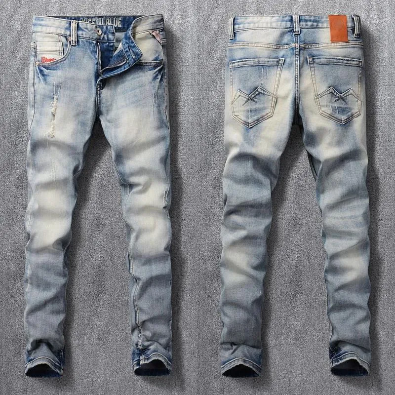 Herr jeans italiensk stil mode män hög kvalitet retro tvättade ljusblå elastisk smal rippad vintage designer denim byxor