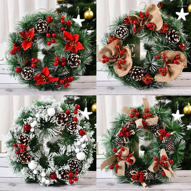 Decorative Flowers Christmas Wreath Artificial Pinecone Frontdoor Champagne Gold Window Red Berry Garland Merry Tree Hanging Decor