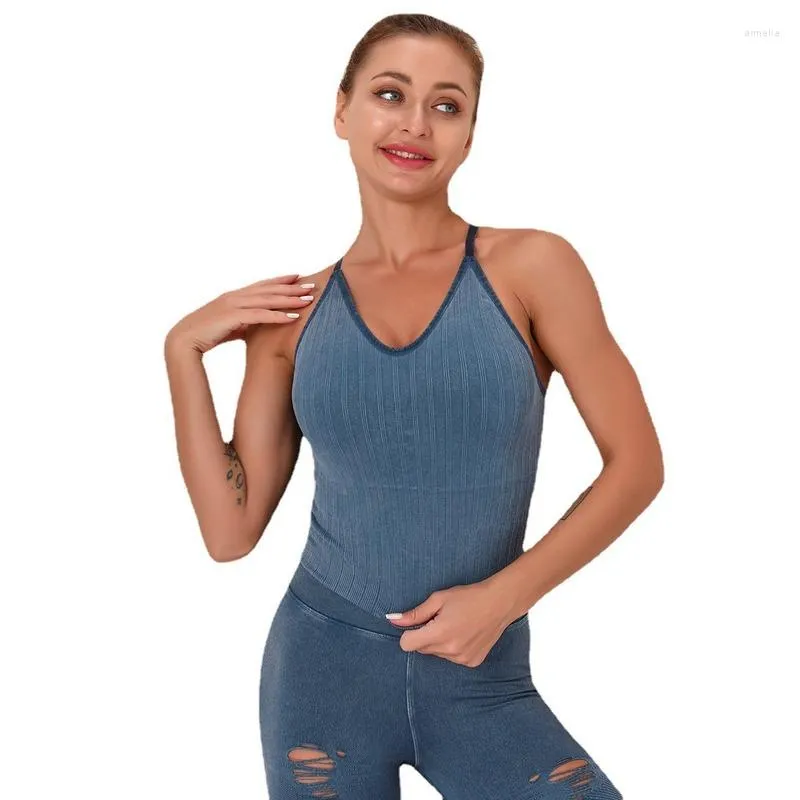 Active Pants Yoga Seamless Washed Sport Tight Top Women # 39; s Slim Fit Striped Sexy Fitness Vest Reggiseno alto elastico