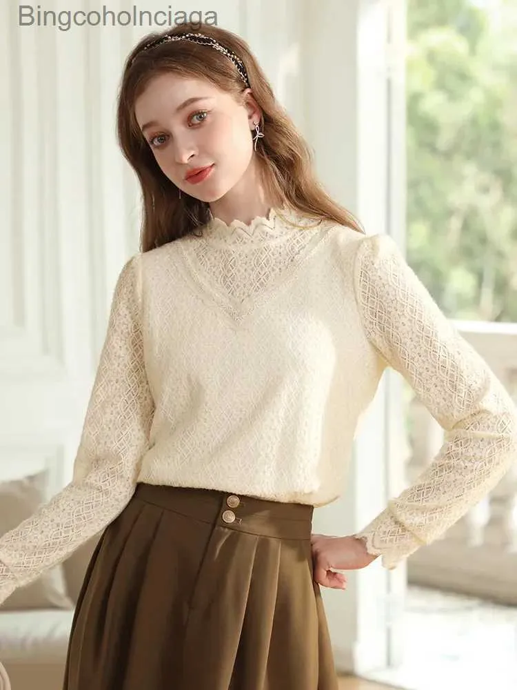 Women's Lace High-Neck Long-Sleeve Slim-Fit Blouse Shirt for Winter