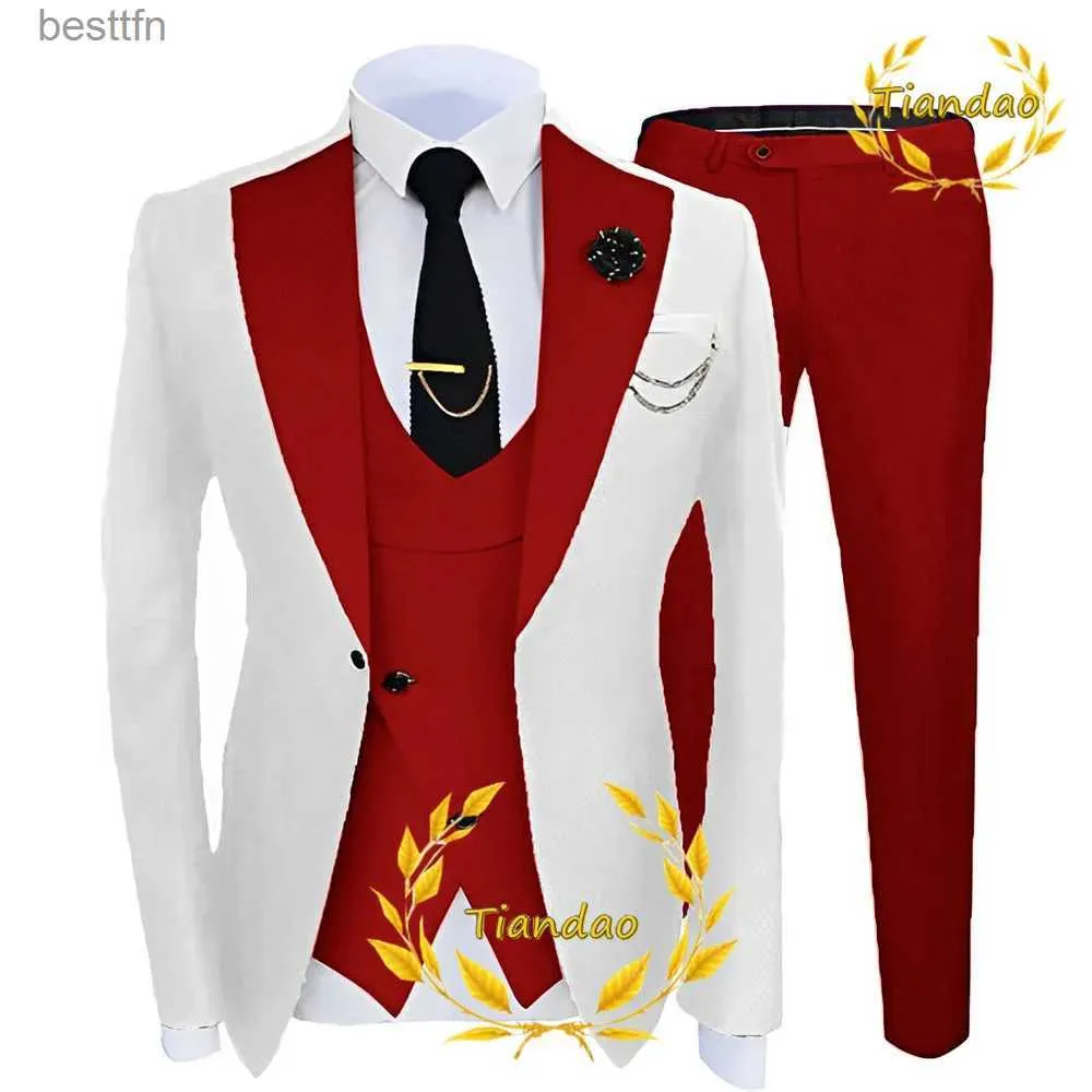 Abiti da uomo Blazer Abito da uomo Smoking da sposa Set da 3 pezzi Giacca bianca Pantaloni Gilet Sposo Formale Moda Blazer Set forL231130