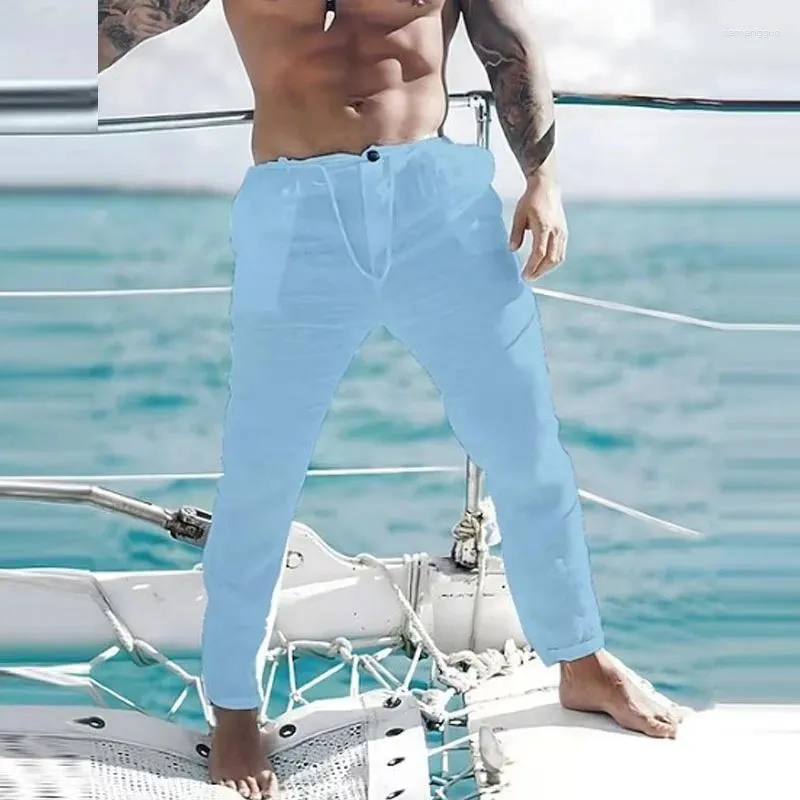 Pantaloni da uomo Vacanze al mare Lino traspirante da uomo Casual Pantaloni larghi dritti per il tempo libero con coulisse in colore puro Streetwear