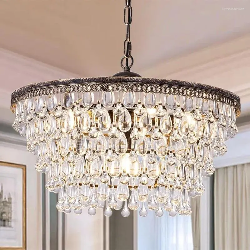 Ljuskronor Wellmet Crystal Chandelier 6-Light 5 Tiers Farmhouse Light Justerbar hängande brons takbelysning Fixtur W20-tum