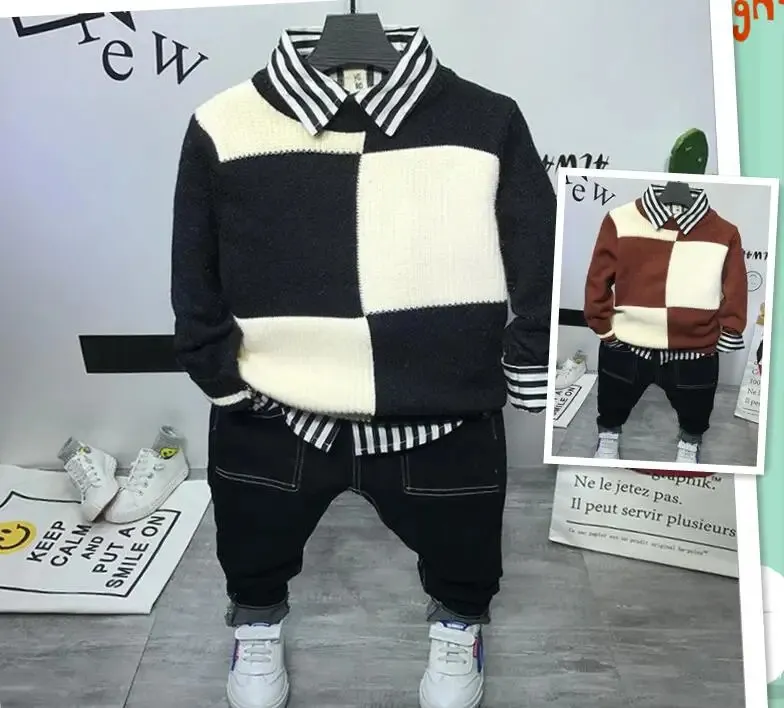 Giyim Setleri Şık Bebek Yürümeye Başlayan Baby Bebek Erkek Kıyafetler Örgü Sweater Gömlek Kotu 3pcs Kıyafet Seti Giysileri Takım 2 7y 231130