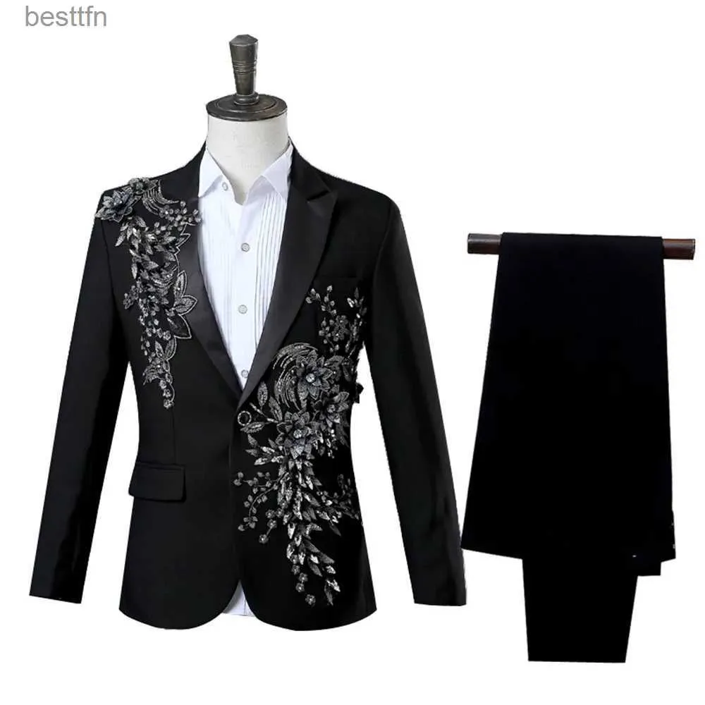 Herrdräkter Blazers Elegant Appliced ​​Two-Piece Men's Suit for Wedding Banket Host Dance Prom Men Blazer Chinese Stylel231130