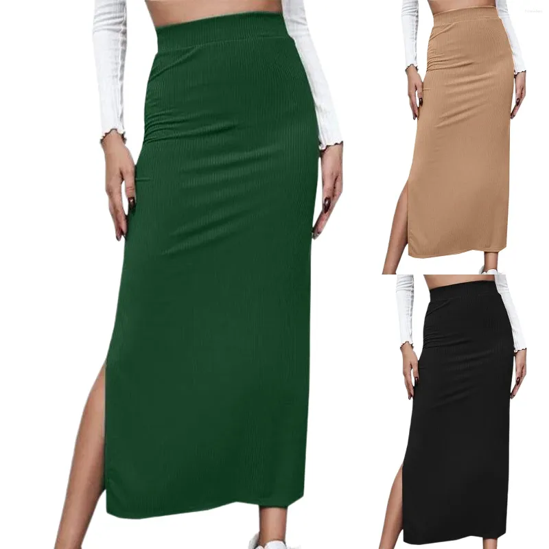 Saias Side Slit Túnica Midi Saia Cor Sólida Mulheres Cintura Long Slim Fit Bodycon Sexy Estilo Simples Design Férias Outfit