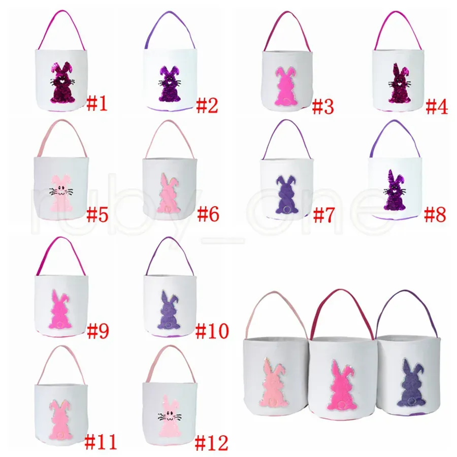 Easter Rabbit Print Bucket Canvas Sequins Bunny Easter Basket Plush Easter Hunt Egg Candy Storage Bucket Party Supply RRA3948 ZZ